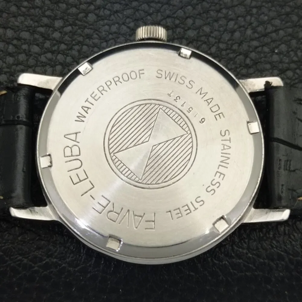 Vintage 1965 Favre Leuba Twin Power Manual Mens Silver Watch W/Leather Strap